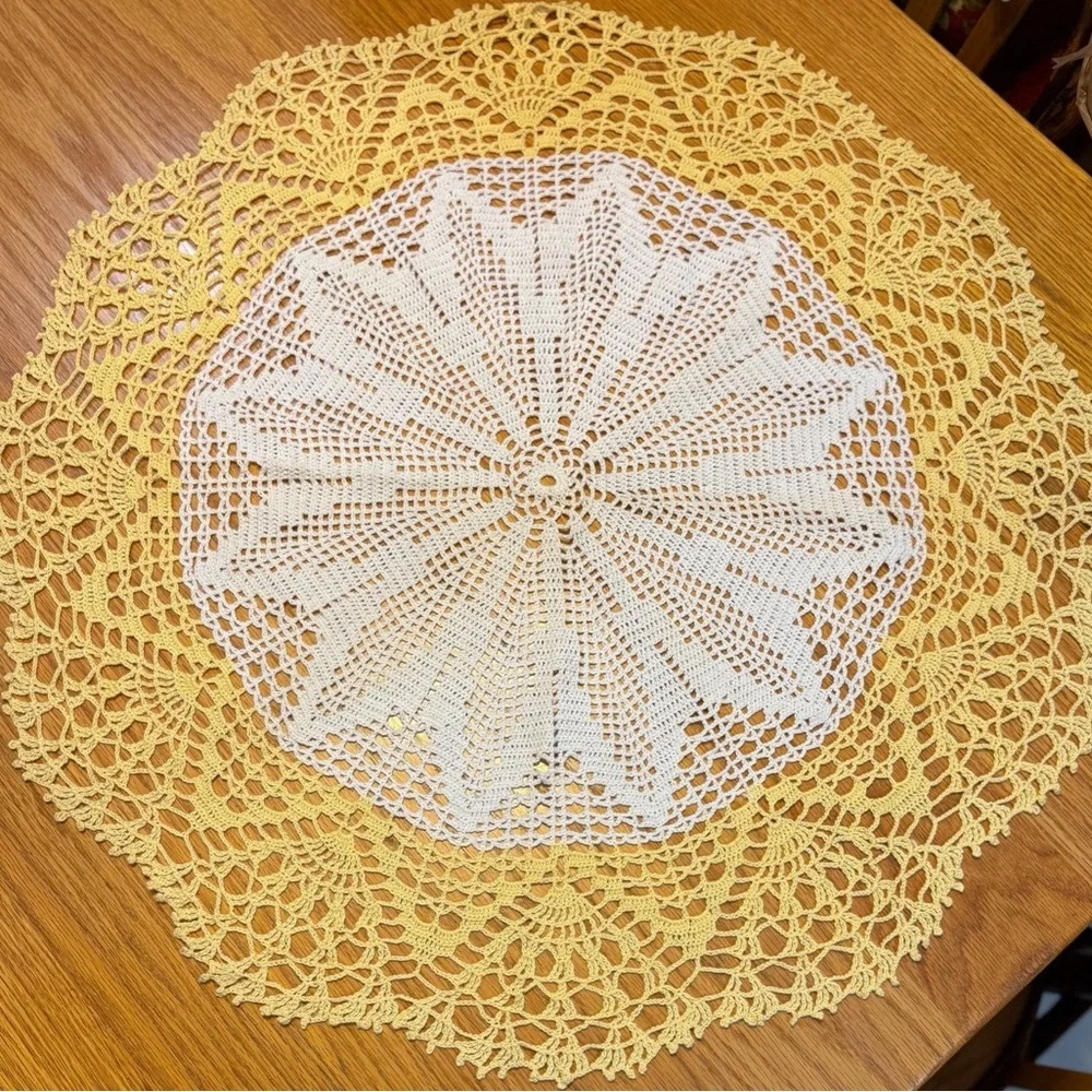 Vintage Yellow & White Doily Intricately Crocheted 28 1/2” Diameter